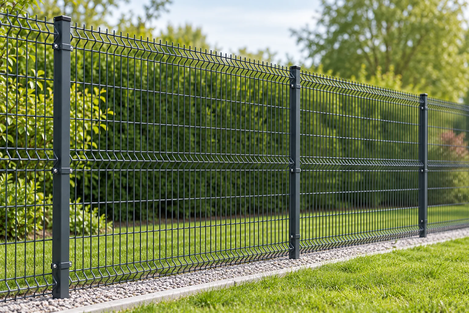Langer anthrazitfarbener 3D-Stabmattenzaun an einer Rasenfläche - Visualisierung
