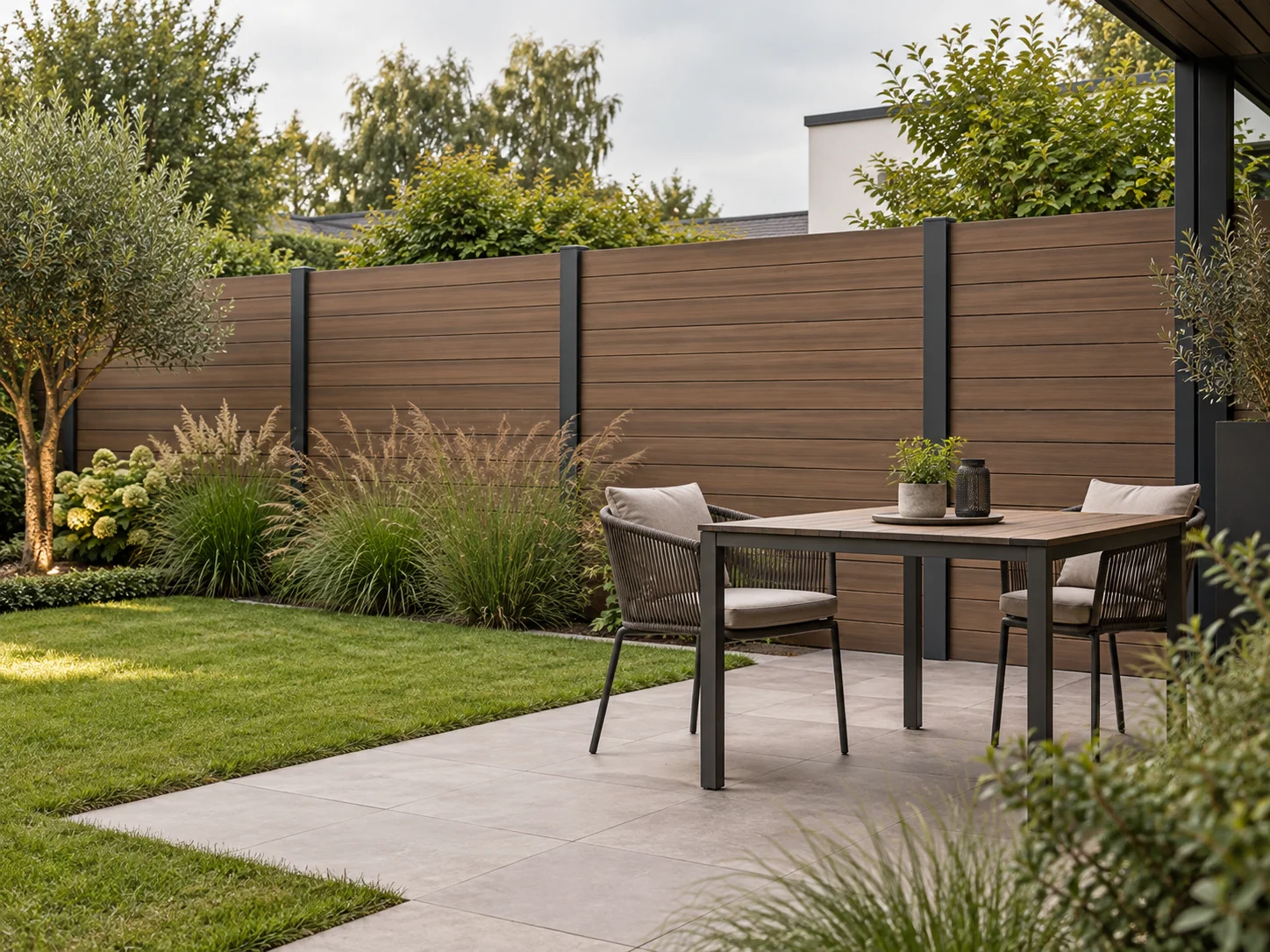 Visualisierung einer Terrasse mit braunem WPC-Sichtschutz
